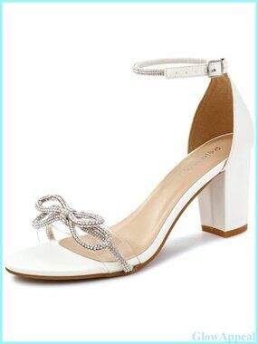 Block Heel Wedding Sandal Rhinestone Bow Adjustable Ankle Strap